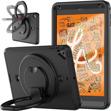 NIKCORP Zaštitna maska za iPad Mini 5/4 7.9" s rotirajućim stalkom 360° ručkom i naramenicom otporna na udarce, crna